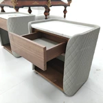 Quilted Light Gray Leather Nightstand with Marble Top & Natural Wood Veneer